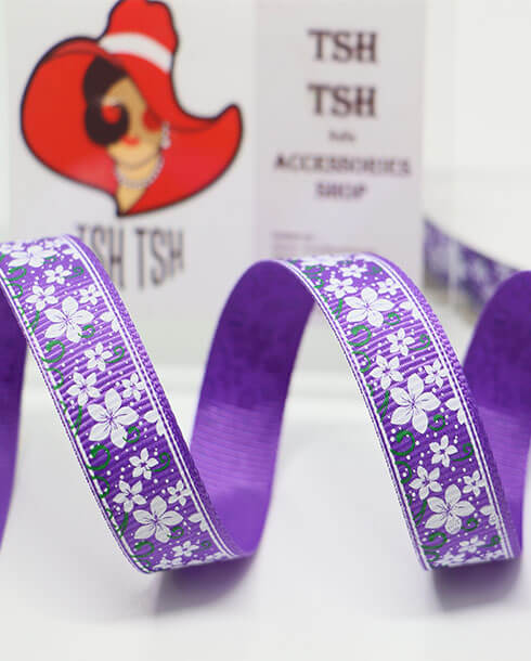 15 mm. Flower Printed Grosgrain Ribbon Purple Color