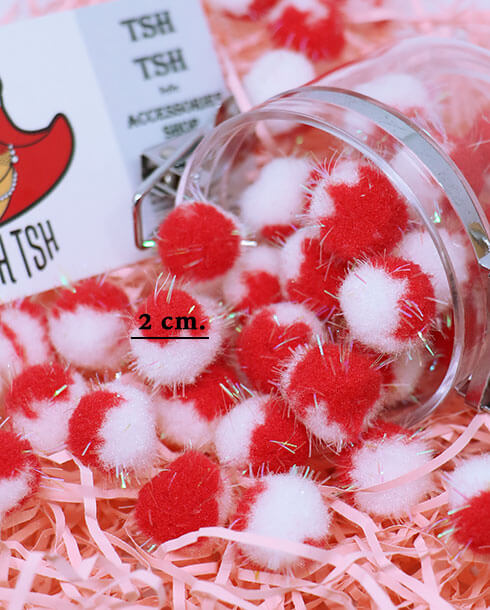 ปอม ปอม กำมะหยี่ มีดิ้น ขนาด 2 ซม. สีทูโทน ขาว แดง