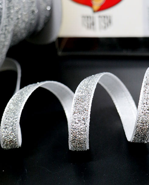 10 mm. Glitter Velvet Ribbon Silver Color