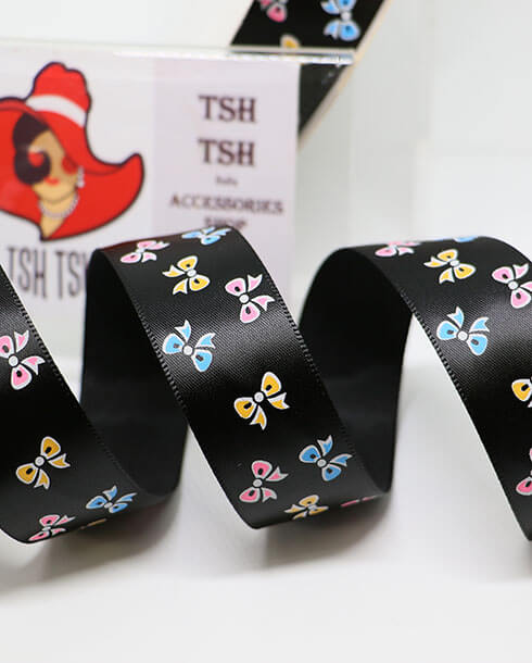 1 Inch Silk Ribbon with Bow Printed Black Color 06#